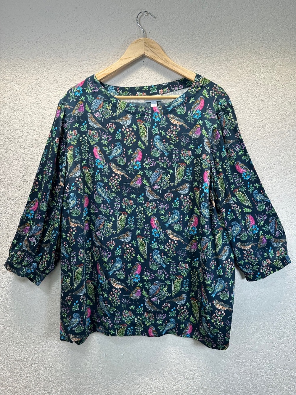 J Jill Floral Bird Print 3/4 Sleeve Tunic Top Navy Blue Size XL Dark Botanical